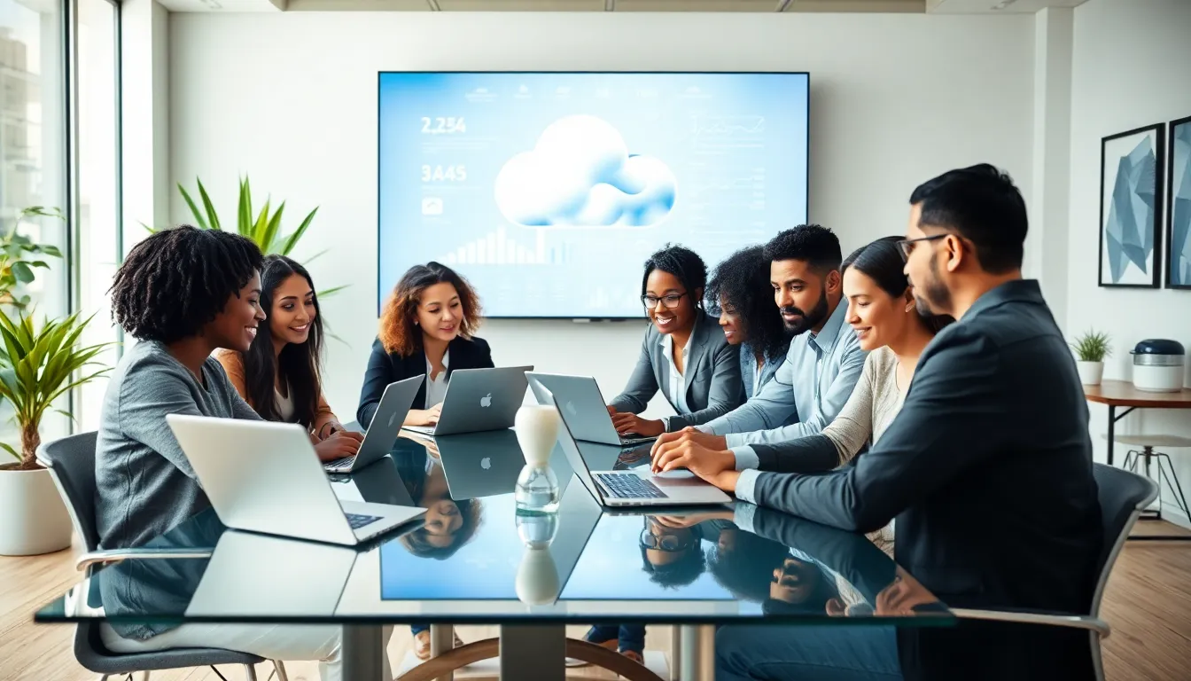 diverse team collaborating on cloud computing services in a modern office.