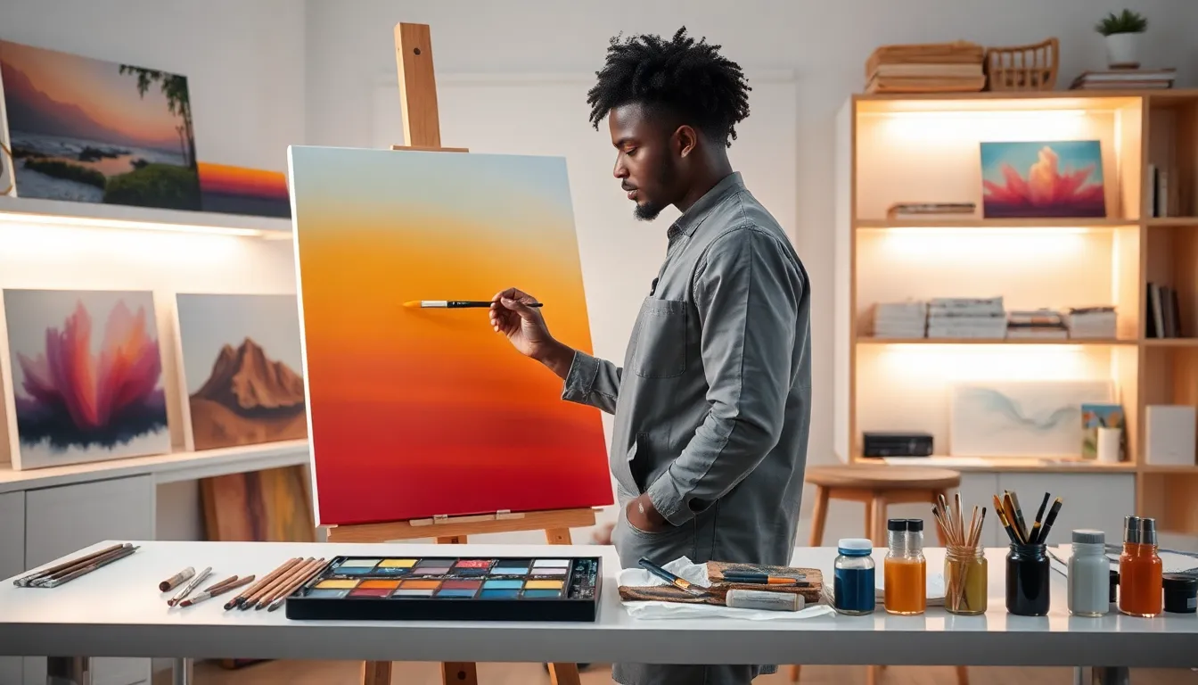 artist painting on a canvas without visible brush strokes.